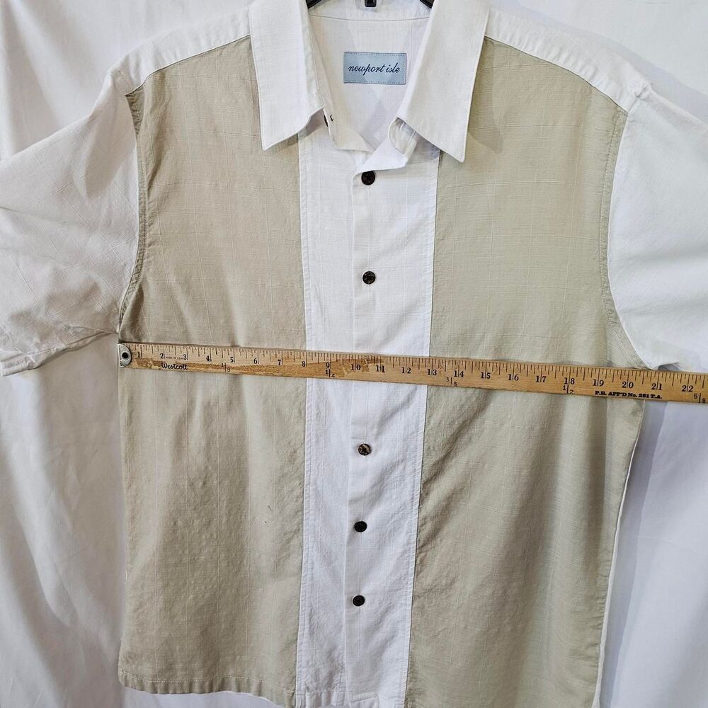 #0243 Newport Isle Mens Two Tone Beige White Short Sleeve Panel Camp Shirt - Picture 3 of 5
